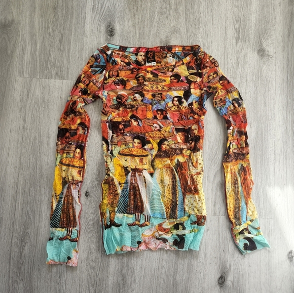 Western Elements Print Semi Sheer Mesh Top